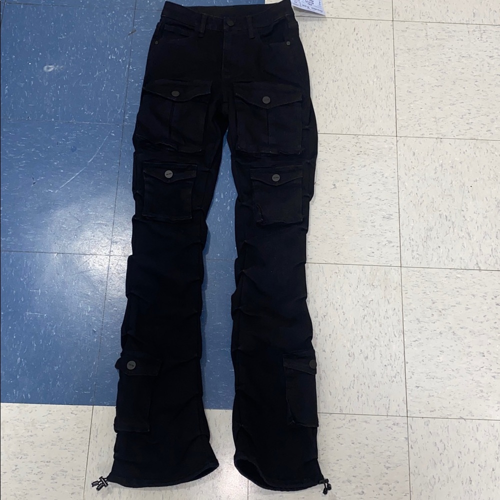 Black Cargo stacked Pants jeans smoke rise New York women small with pockets